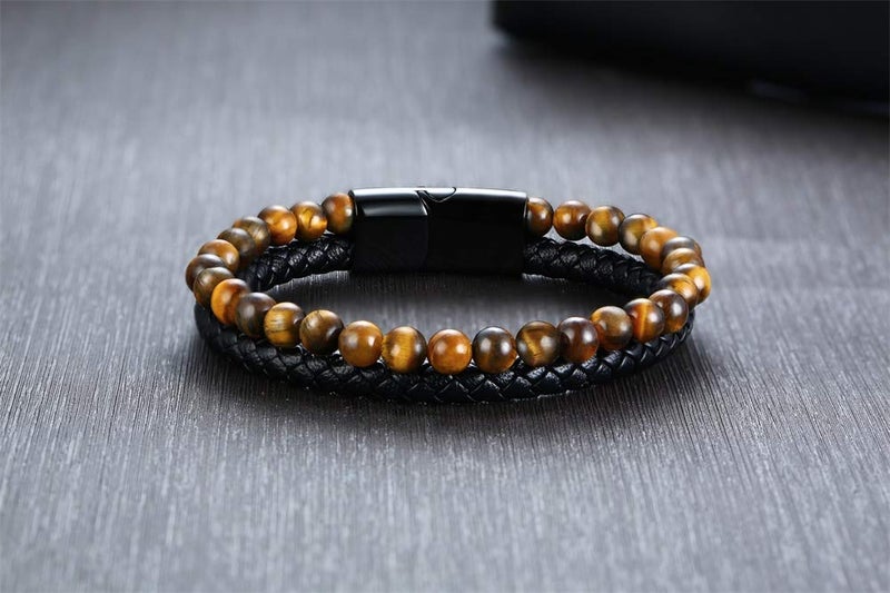 VNOX Two-Strand Braided Leather Cuff Wristband Bead Rope Bracelet Engraved Egyptian Eye of Horus Eye of Ra Ankh Cross Bracelet,Brown - Image 3